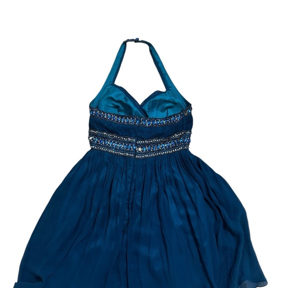 Adrianna Papell Blue Halter Dress with Beaded Details for Prom or Formal - Picture 2 of 16